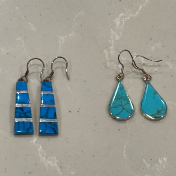 Two Pair Turquoise Earrings in Silver from Mexico - Picture 1 of 5